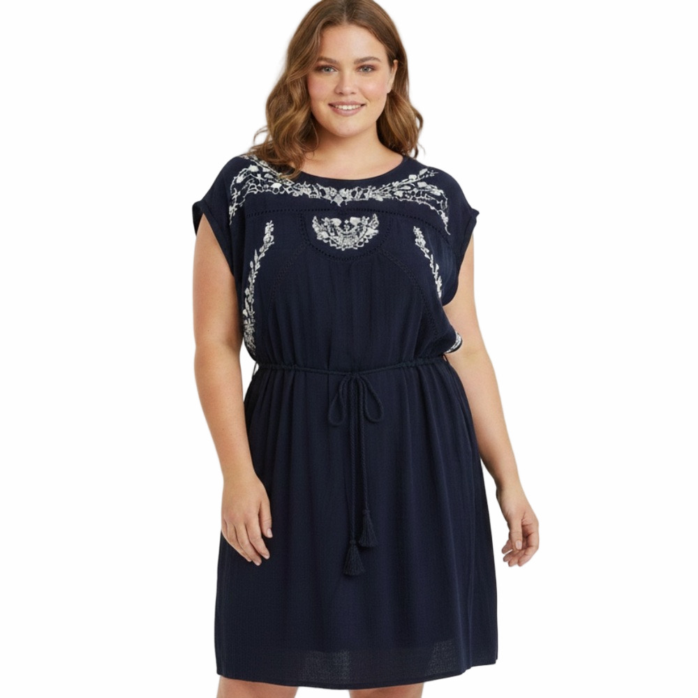 DEX Plus Size 2X Navy Dress, Lining, Beach Cover Up With White Embroidery